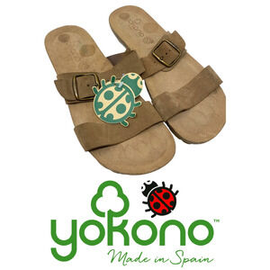 NEW Yokono Sz 9 Brown Suede Double Strap Slide Flat Sandals Suede Lined NWOB